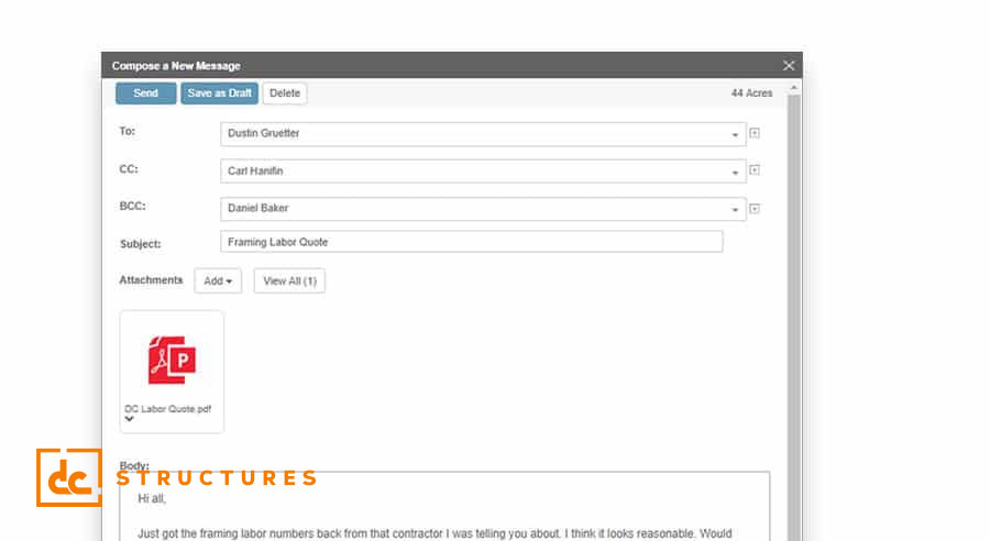 A computer screen displaying an email composition window. The email is addressed to "Dustin Gruetter" with the subject "Framing Labor Quote" and an attachment named "DC Labor Quote.pdf". A logo in the corner reads "DC Structures.
