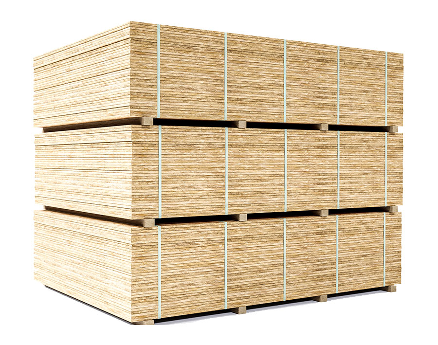 A stack of large, neatly bundled plywood sheets, bound together with metal straps, set against a plain white background.