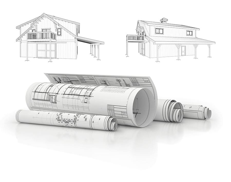 Rolled architectural blueprints are laid out in the foreground with detailed house drawings shown above. The designs feature a two-story and a single-story house, highlighting exterior facades and structural elements.