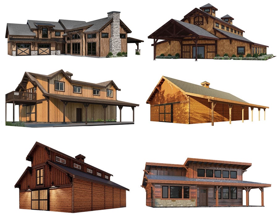 A collage of six different barn-style buildings, each displaying unique architectural designs and wood finishes. The images showcase a variety of roof styles, window arrangements, and structural features, all in a rustic aesthetic.