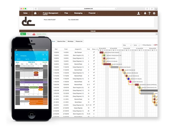 A smartphone and computer screen display project management software. The phone shows a mobile interface with a colorful schedule, while the computer screen features a detailed Gantt chart and calendar interface.