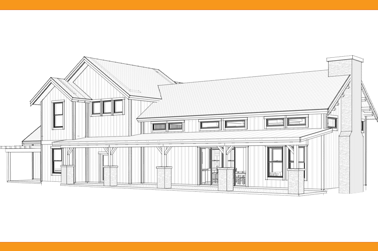 A detailed architectural blueprint of a custom design offering, featuring a two-story structure with a chimney and large covered porch. The modern elements include multiple windows and a sloped roof, all framed by an orange border for emphasis.