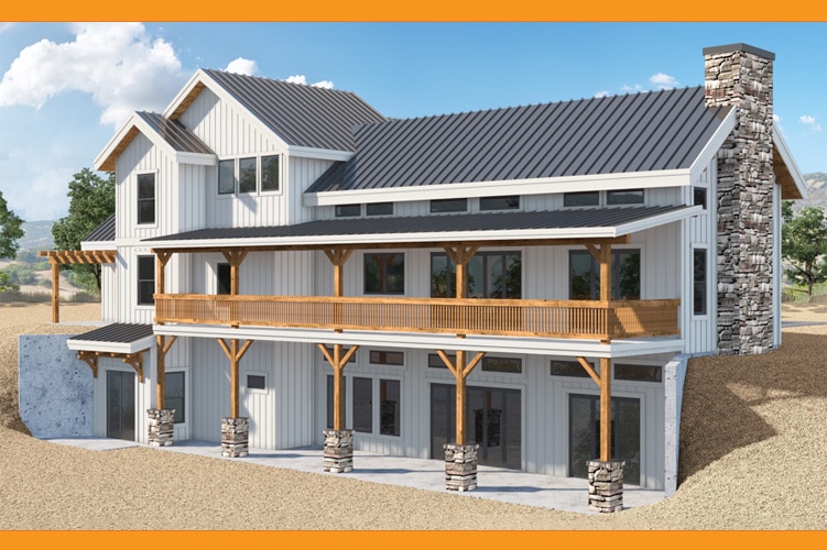 A modern two-story house with a gable roof showcases custom design offerings, featuring a large wooden balcony and stone chimney. The exterior is clad in white siding, and the landscape is sandy with sparse greenery under a partly cloudy sky.