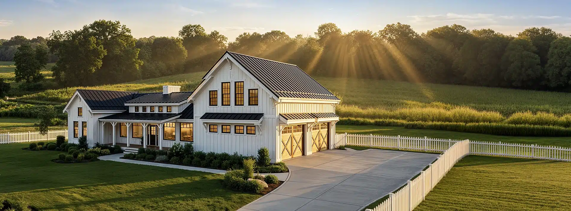 Modern farmhouse with white siding, black roof, large windows, white picket fence, green lawn, driveway, and sunlit trees.