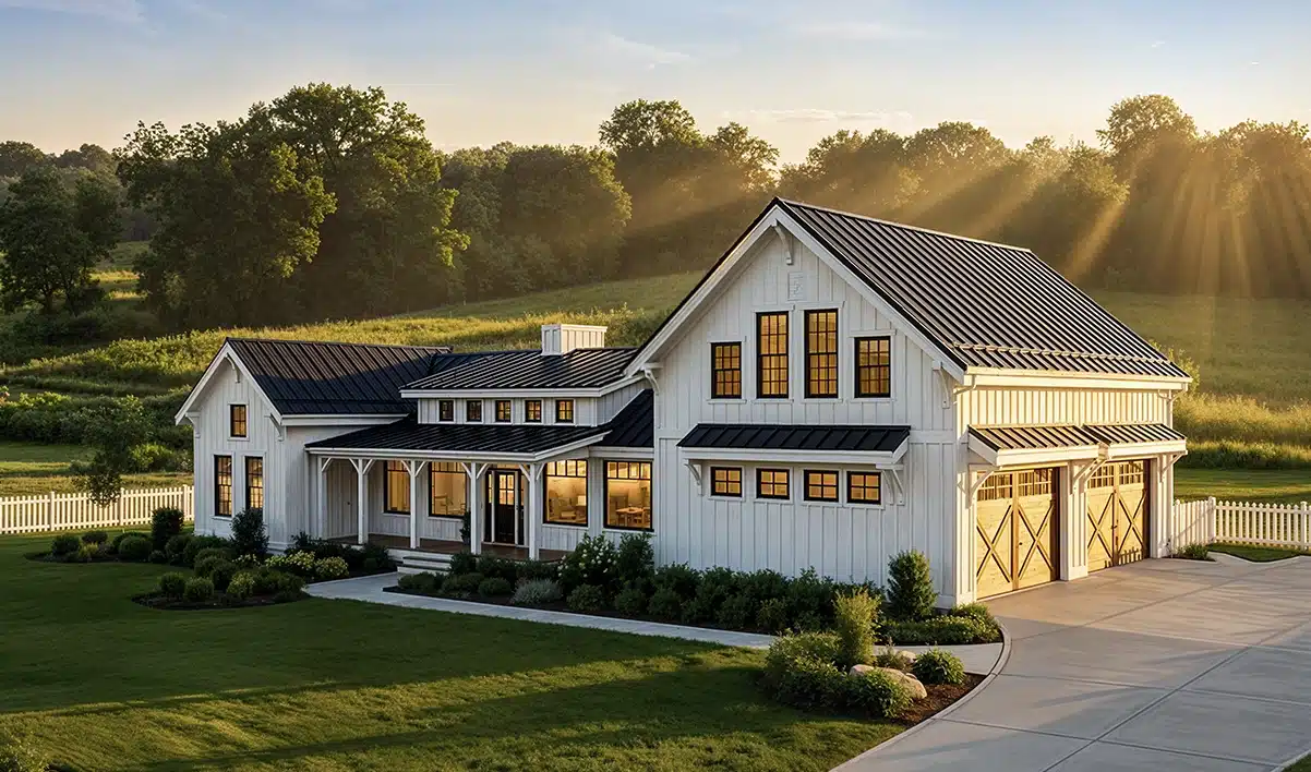 A modern white farmhouse with large windows and a black metal roof sits on a green lawn with bushes, sunlight streaming through trees.