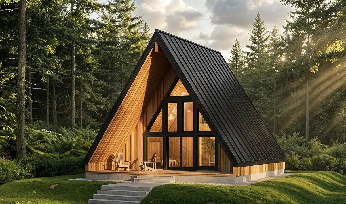 A modern A-frame cabin with large windows and a black roof sits in a lush forest. Sunlight brightens the porch and wood exterior.