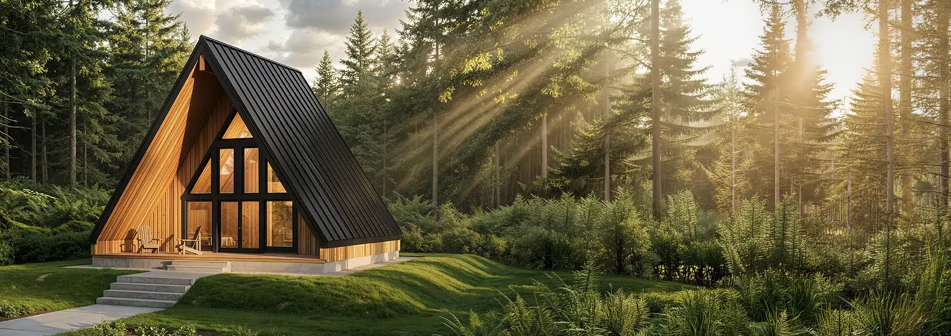 A modern A-frame cabin with large windows sits in a forest clearing, surrounded by lush green trees and ferns as sunlight streams through.