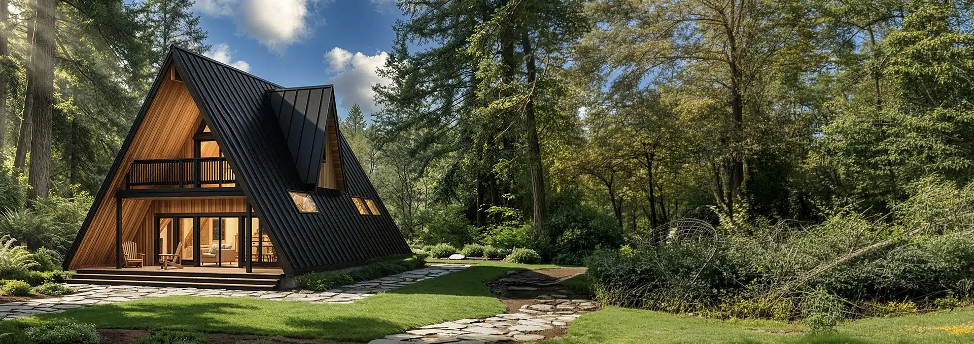 A modern A-frame cabin with large windows sits in a lush forest clearing, surrounded by tall trees, green grass, and a stone path.