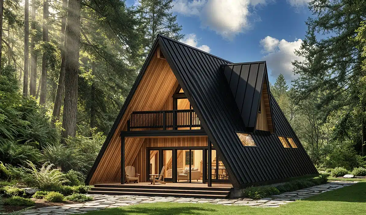 A modern A-frame cabin with black exterior and large windows sits in a lush forest, featuring a balcony and cozy outdoor seating.
