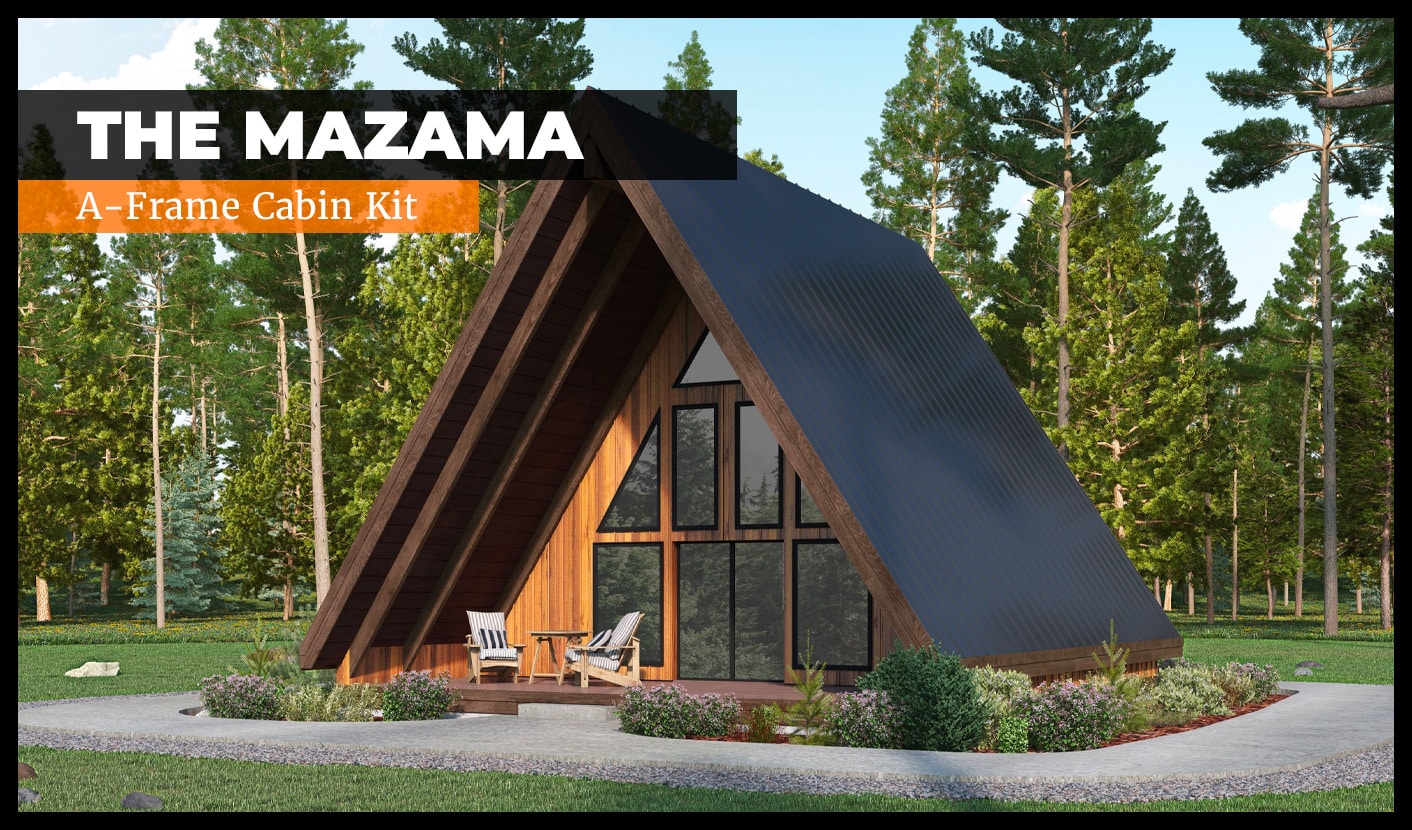 A charming A-frame cabin, named "The Mazama," set amidst lush green pine trees. The cabin has a slanted, black roof with large glass windows and a cozy porch area. Two chairs are placed on the porch, and the surrounding yard is landscaped.