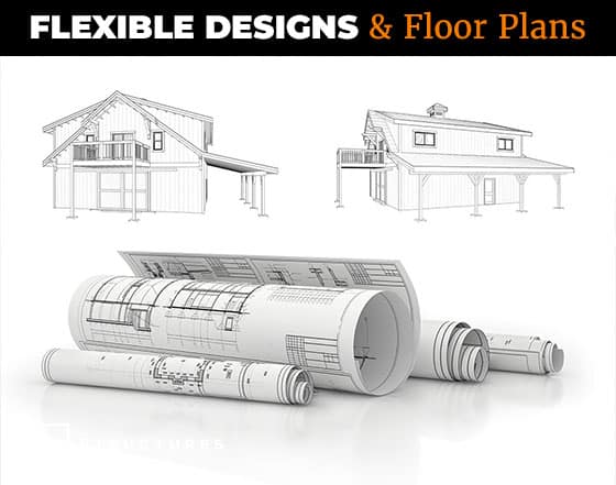 Blueprints and architectural drawings of a house showcase a modern design with a balcony. The text "FLEXIBLE DESIGNS & Floor Plans" is prominently displayed, hinting at the versatility akin to farmhouse kits. Several rolled-up floor plans are visible in the foreground.