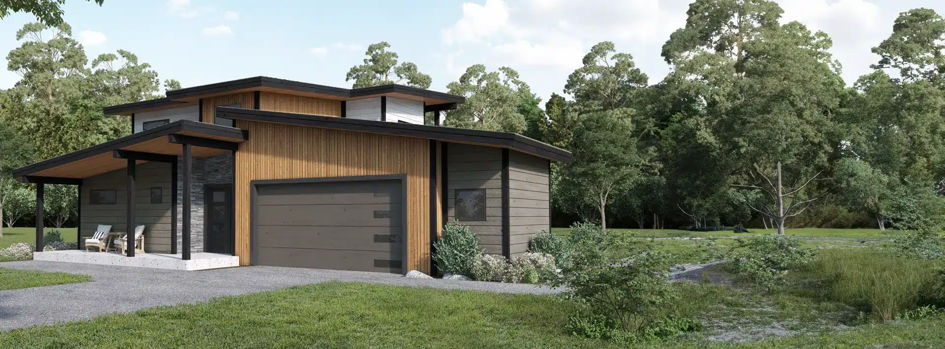 Modern two-story house with wood and dark siding, large windows, attached garage, greenery, trees, paved driveway, outdoor seating.