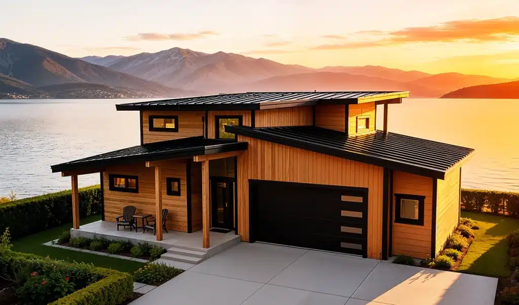 A modern wooden house with a black roof sits by a lake, surrounded by green bushes and mountains under a colorful sunset sky. A patio with chairs is near the entrance.