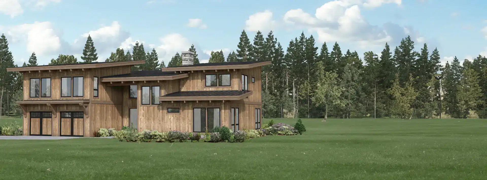 Modern two-story wooden house with large windows and garages, surrounded by grass, shrubs, trees, forest, and blue sky.