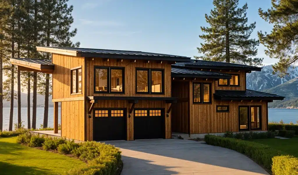 A modern wooden house with large windows and a double garage sits near a lake, surrounded by trees and mountains under a clear sky.