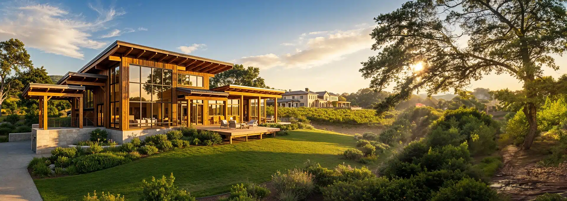 Modern house with large glass windows and wooden beams on a manicured lawn, surrounded by greenery and dappled sunlight in the countryside.
