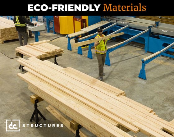 Workers in a factory prepare wooden planks on sawhorses. Blue machinery and stacks of lumber are visible, showcasing the quality materials used for Modern Home Kits. The text reads "Eco-Friendly Materials," and the logo reads "DC Structures.