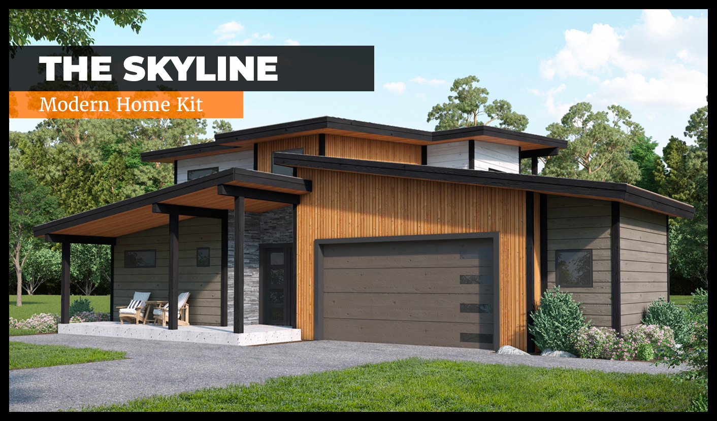 A modern home with a wooden exterior, large windows, and a flat roof is set amidst greenery. The text "The Skyline Modern Home Kit" is displayed in the top left corner.