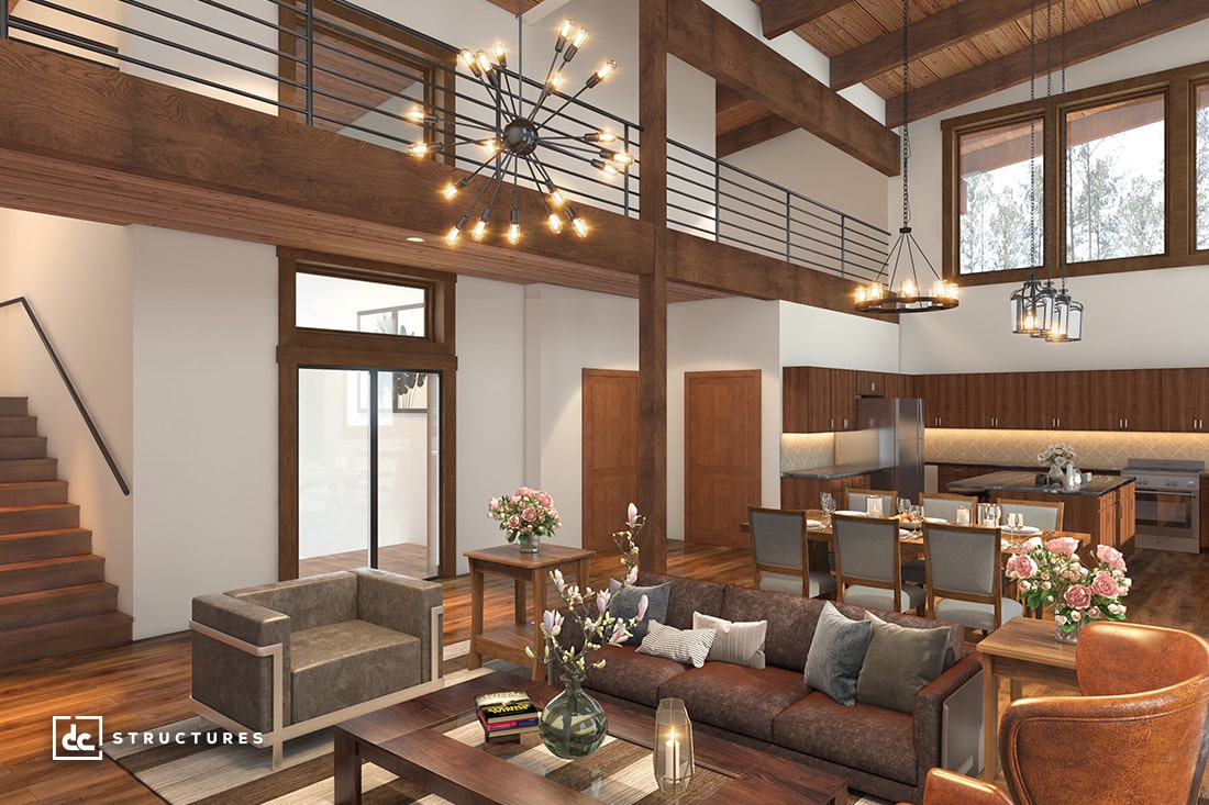 Spacious living room with high ceilings and wooden beams. Modern furniture includes sofas and a dining table. A large chandelier hangs above. The kitchen area is visible in the background with stainless steel appliances and large windows.