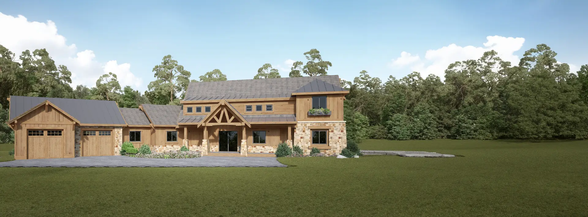 A large wooden house with stone accents, gabled roof, and a garage stands on a grassy lawn surrounded by trees under a blue sky.