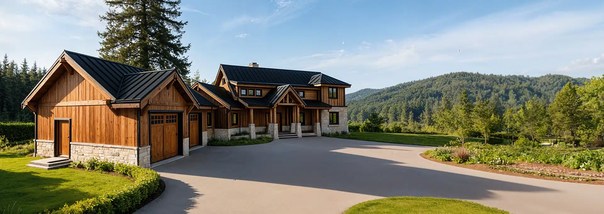A large wooden house with stone accents and a dark metal roof sits on a spacious driveway, surrounded by greenery and trees.