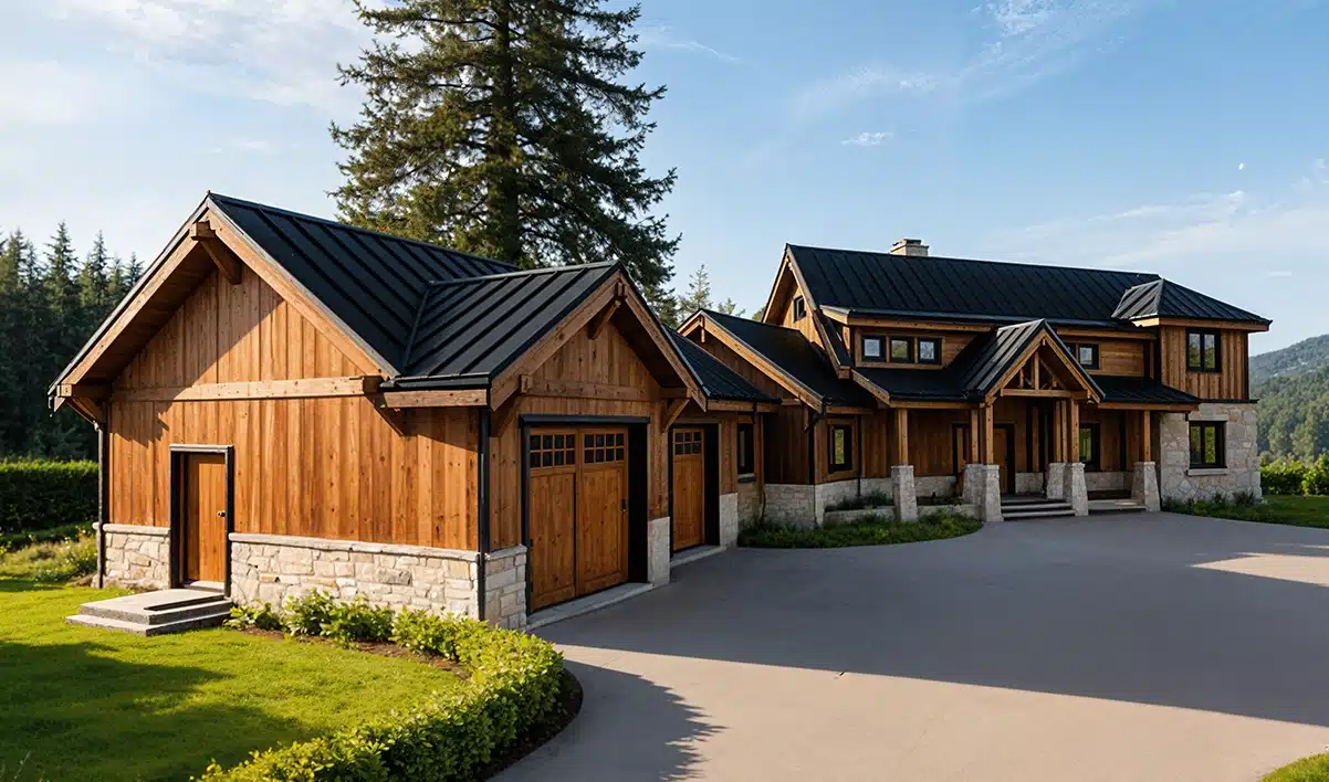 A large modern mountain lodge-style house with wooden siding, stone accents, black metal roofs, and a spacious driveway.