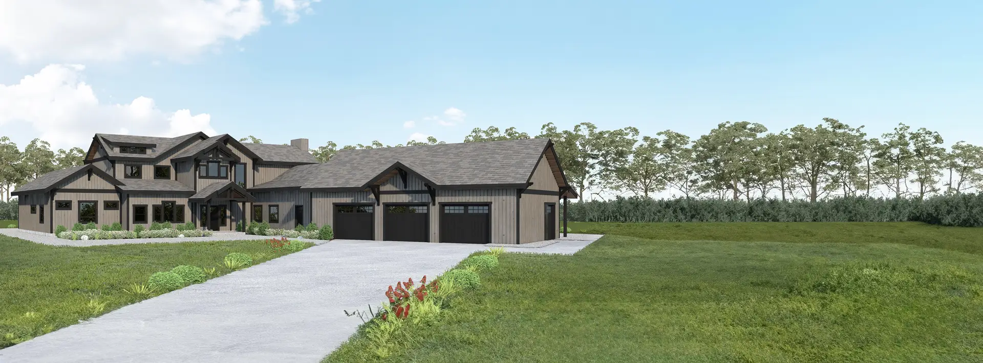 A modern two-story house with dark trim, a three-car garage, and wide driveway surrounded by green grass, flowers, and trees.