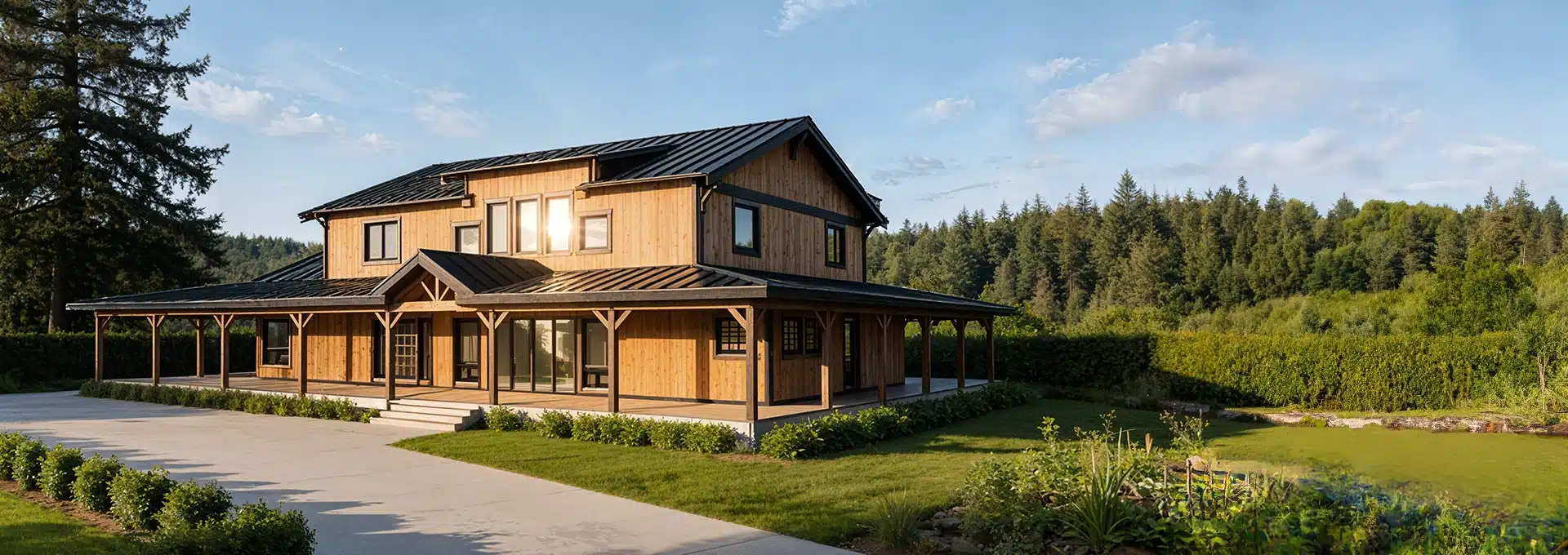 A large modern wooden house with a wraparound porch, black metal roof, and spacious driveway, surrounded by green lawn and trees.