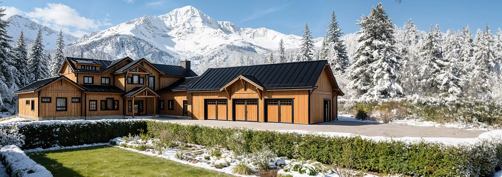 A large wooden house with a black roof sits amid snowy trees and mountains under a bright blue sky, with a neat hedge and garden.