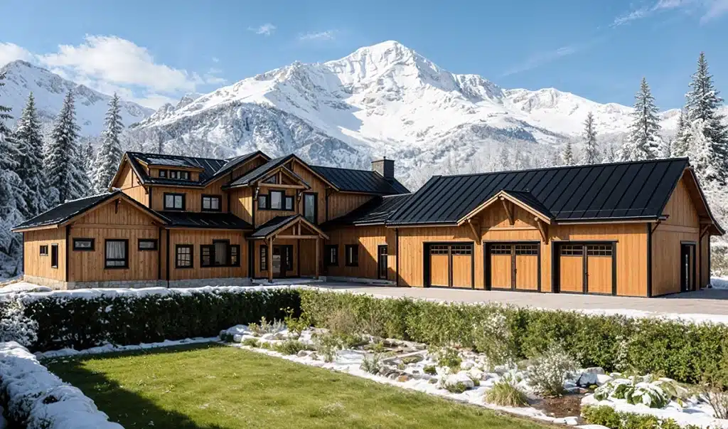 A large wooden house with black roofs stands before snow-capped mountains and evergreens. A hedge and snowy garden are in front.