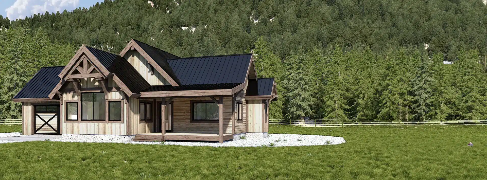 A modern wooden house with a black metal roof sits on a grassy lawn, surrounded by trees and mountains under a clear sky.