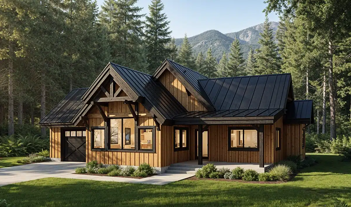 A modern cabin-style house with wood siding and a black metal roof sits among pine trees, mountains in the background on a sunny day.