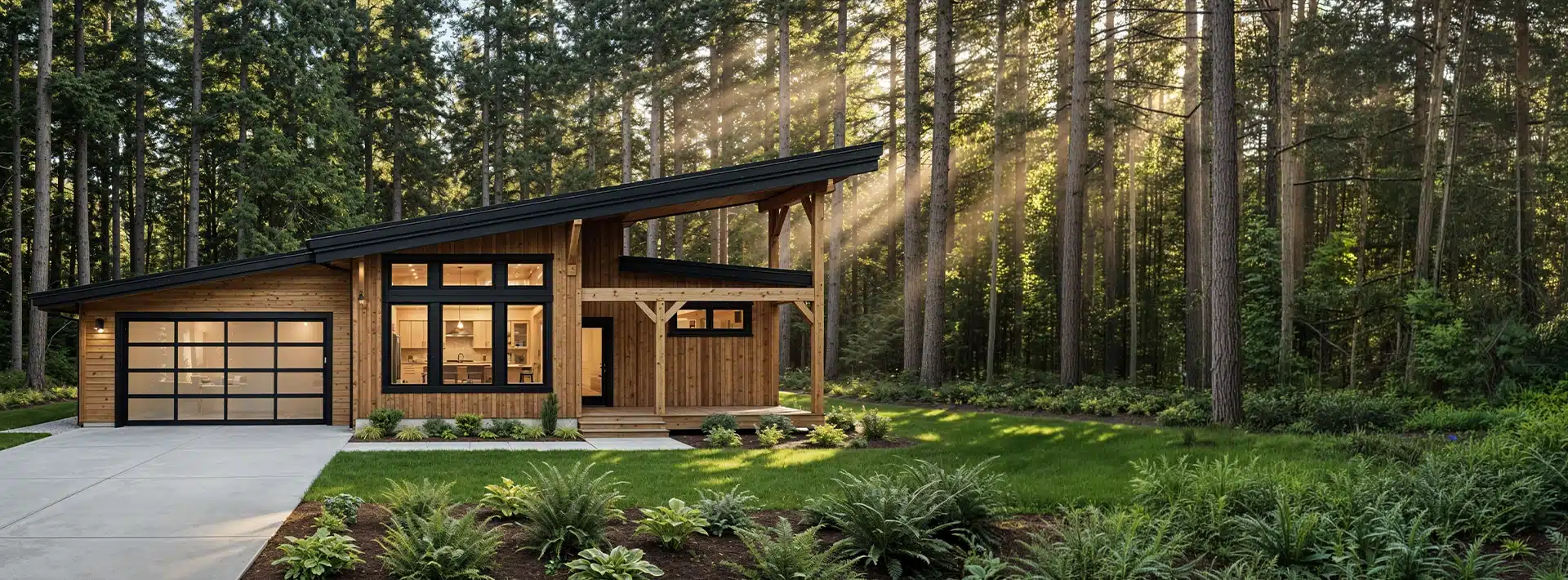 Modern wooden house with large windows and sloped roof among tall trees and greenery, sunlight brightening the yard on a clear day.