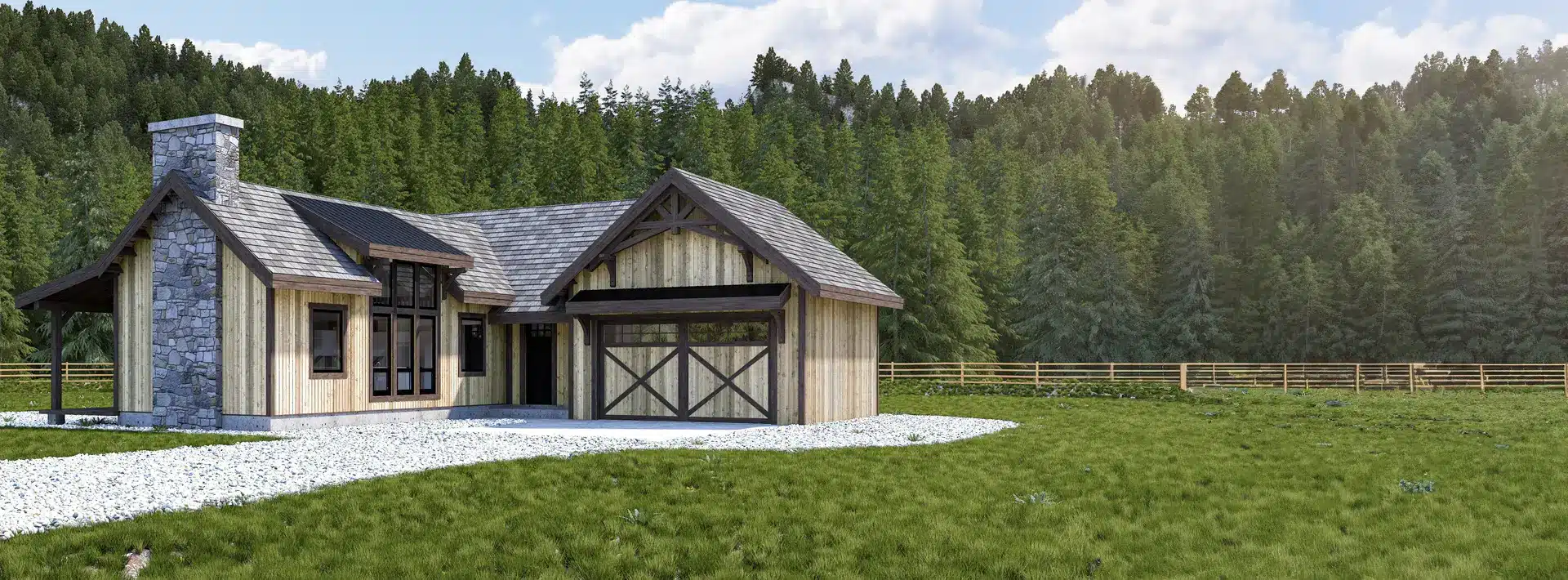 A rustic wooden house with a stone chimney sits on a green lawn near a forest under a blue sky and is surrounded by a gravel driveway.