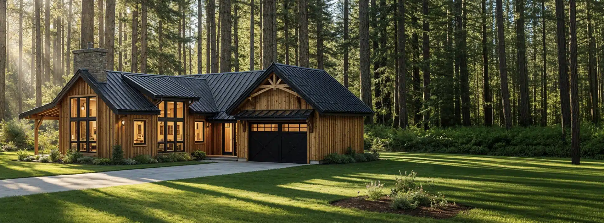 A cozy wooden cabin with large windows and a black metal roof sits in a lush green forest, sunlight streaming through tall pine trees onto a manicured lawn and driveway.