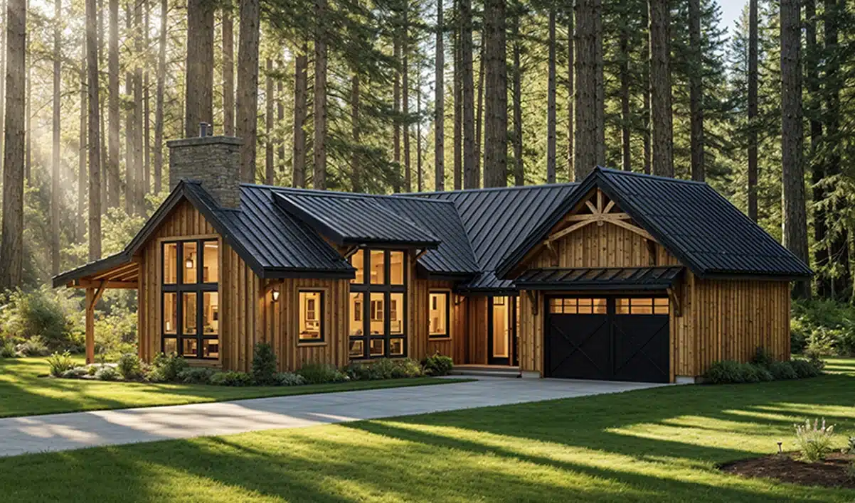 A modern cabin-style house with wood siding and a black metal roof sits among pine trees. Large windows, stone chimney, sunlight on lawn.