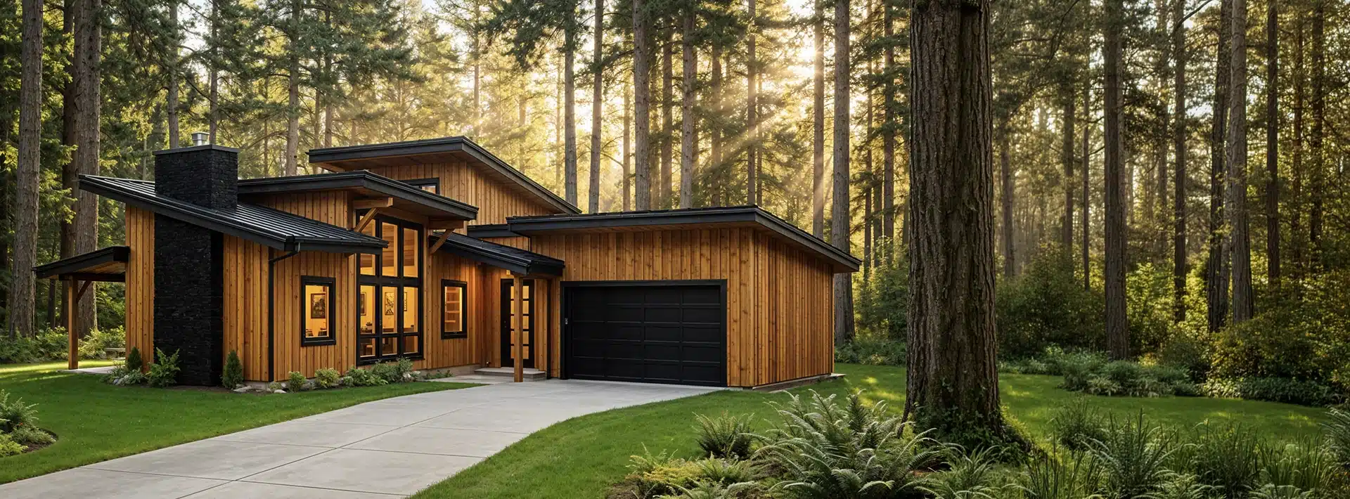 Modern wooden house with large windows and black garage door, surrounded by pine trees and lush grass, curved driveway in front.