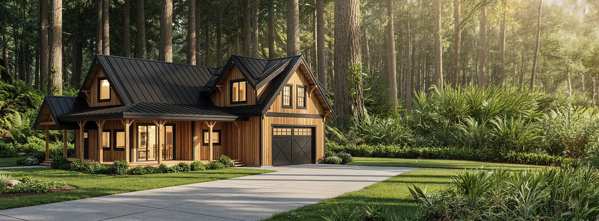 A cozy wooden house with large windows and a black roof sits in a lush green forest. Sunlight filters through tall trees nearby.