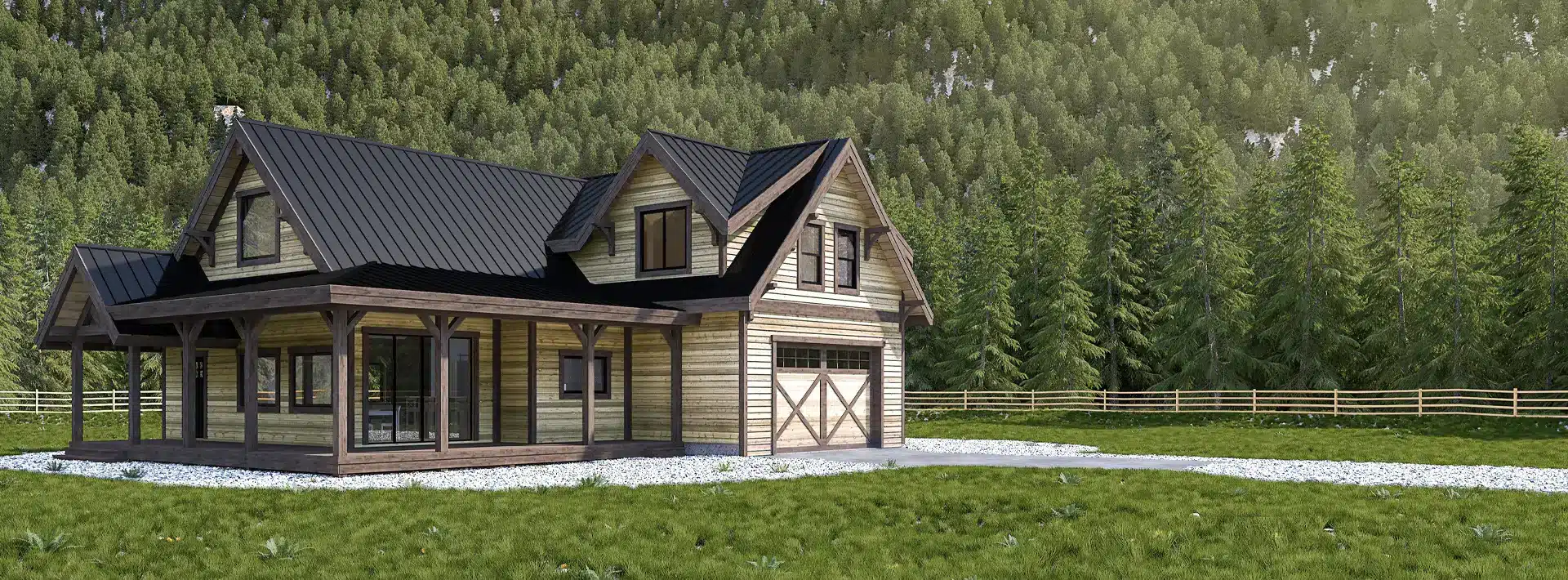 A rustic wooden house with a black metal roof sits on a grassy lawn, bordered by pine trees, a wooden fence, and forested hills.