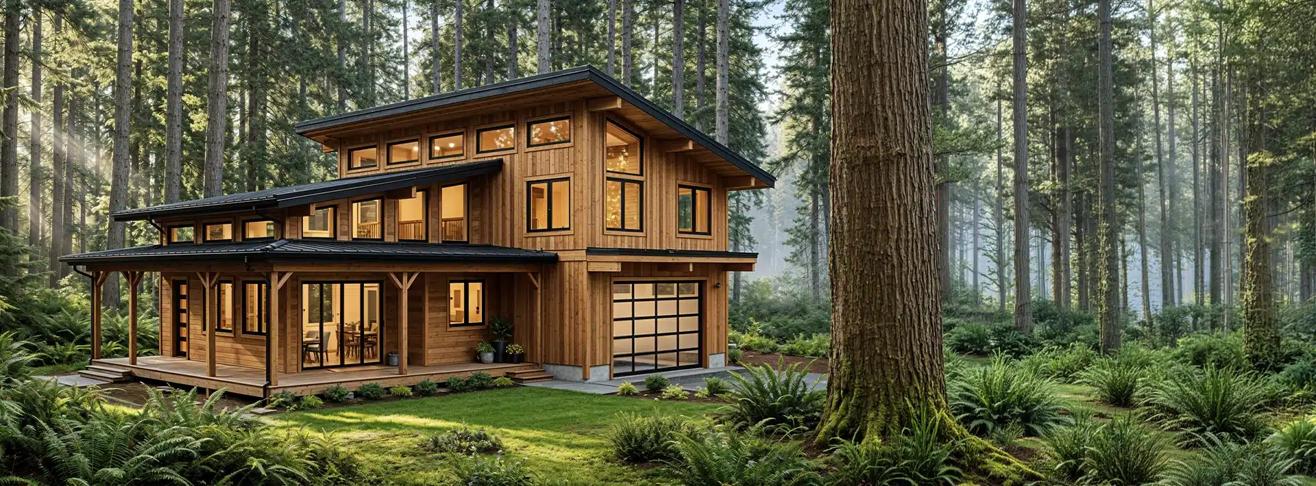 A modern wooden house with large windows and a porch among tall trees and lush greenery, sunlight filtering through the forest.
