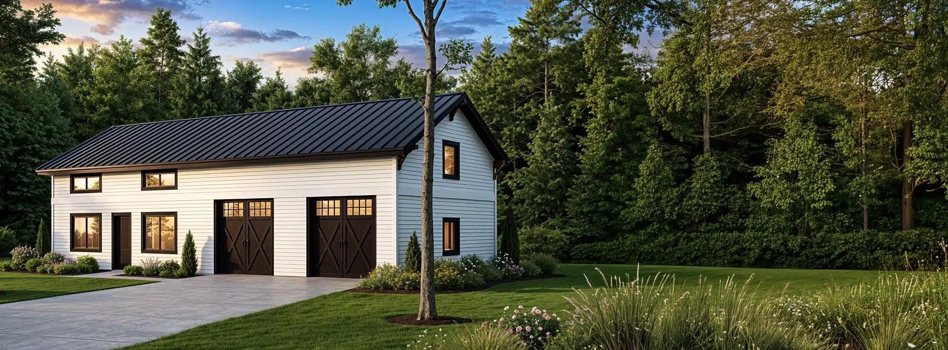 A modern white house with black-framed windows and double garage doors sits by a driveway, surrounded by trees and flower beds at sunset.