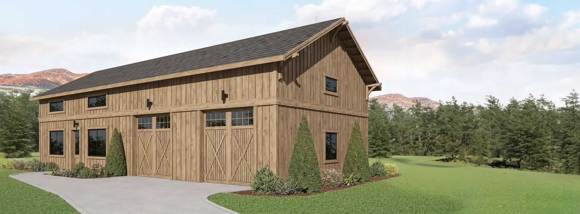 A large wooden barn with double doors and windows sits on a green lawn, surrounded by shrubs and trees under a partly cloudy sky.
