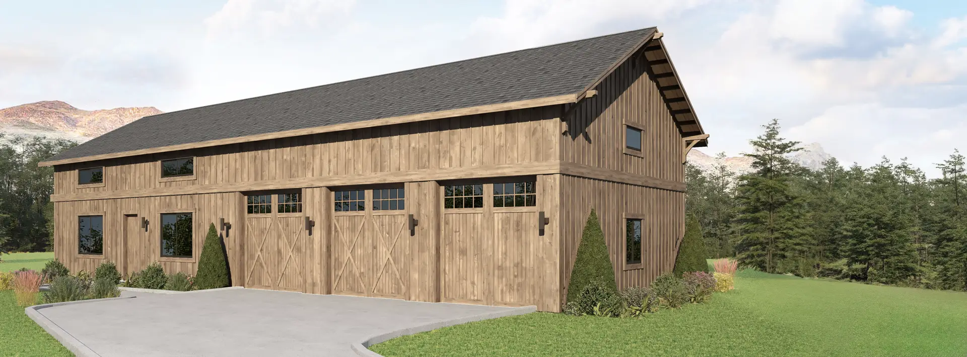 A large wooden barn with three wide doors, windows above each door, a sloped dark roof, surrounded by greenery and trees.