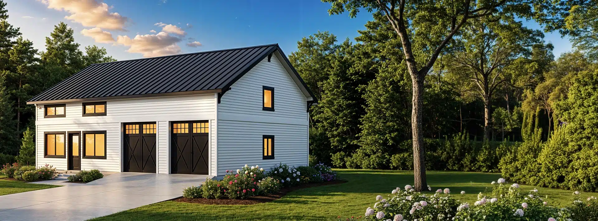 White modern barn-style house with black roof and large windows, green lawn, trees, and flower beds on a sunny day with blue sky.
