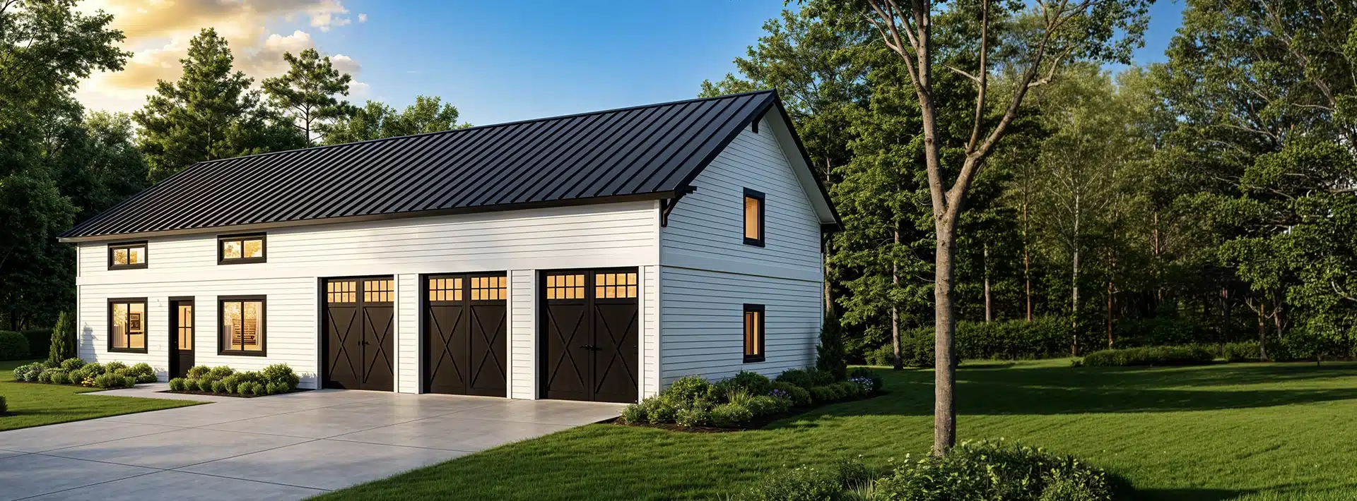 Modern white barn-style building with black metal roof and three large black garage doors, surrounded by lawn, trees, and shrubs.