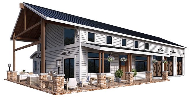 A modern barn-style house with white siding, large windows, and a black metal roof that echoes popular barndominium kits. The exterior features a spacious patio with stone pillars, seating, and hanging plants. The design beautifully blends rustic and contemporary elements.