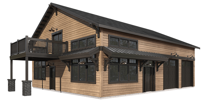 A two-story wood-paneled barndominium, featuring large windows, dark trim, and a wraparound balcony. Lantern-style exterior lights adorn the walls alongside three expansive garage doors, showcasing a design that evokes both rustic charm and modern convenience.