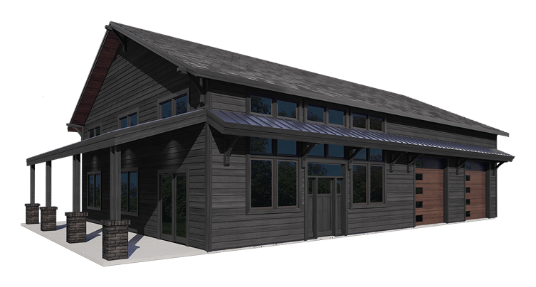 A modern, dark gray barn-style building with a sloped roof and large windows offers the charm of a barndominium kit. It features a covered porch supported by stone pillars and a garage door on one side, all surrounded by a paved area.