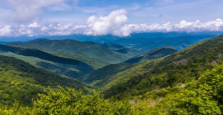 A scenic view of lush green rolling mountains under a blue sky with scattered white clouds. The expansive landscape includes dense forests and valleys stretching into the distance, perfect for those considering apartment barn kits nestled in nature.