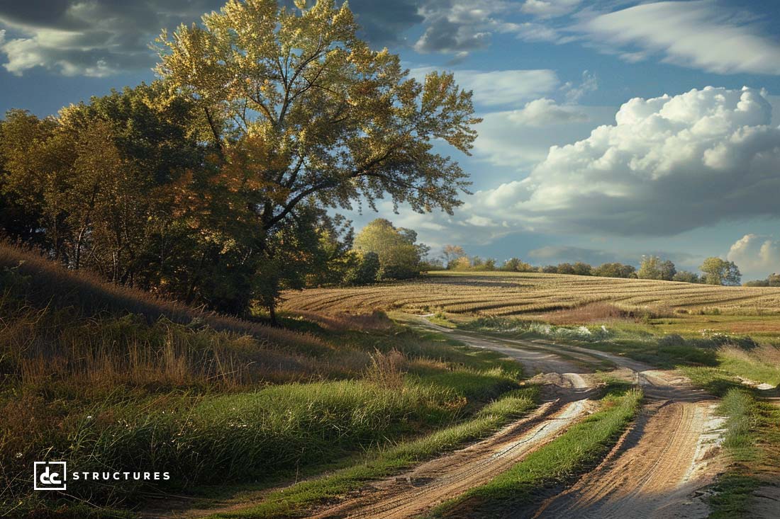 An unpaved, winding dirt road traverses through a serene rural landscape, bordered by tall grasses and trees with autumn foliage under a sky filled with fluffy clouds. The scene, dotted with picturesque apartment barn kits, depicts a peaceful countryside setting with open fields and distant tree lines.